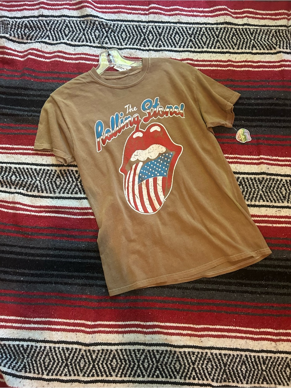 The Rolling Stones Brown Tee with Red, White & Blue Tongue Graphic